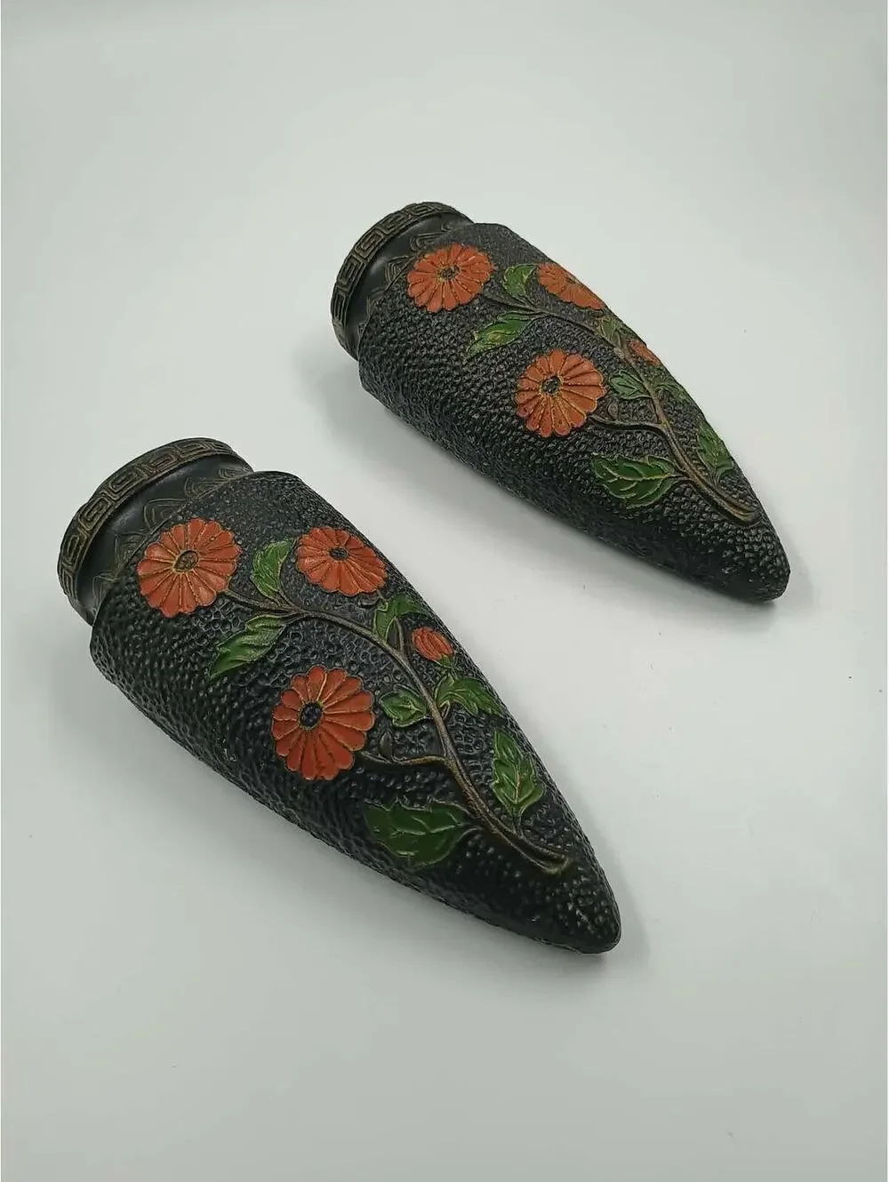 Vintage Japanes Black Wall Sconces with Floral Design - Pair